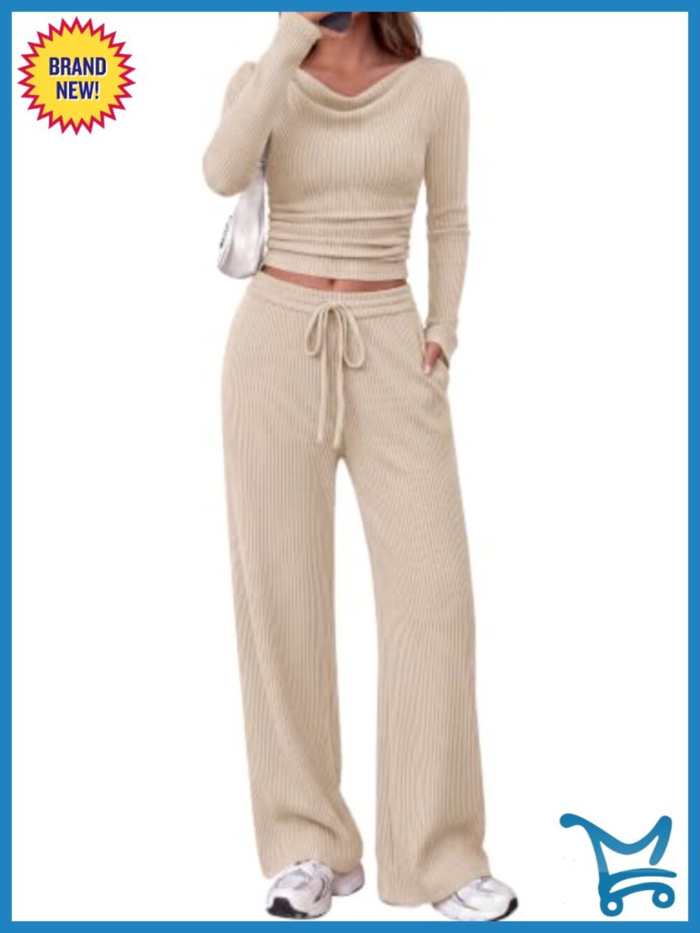 Ribbed Knit 2 Piece Lounge Set Long Sleeve Cowl Neck Wide Leg Pants
